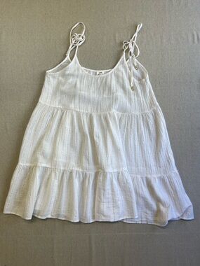 Aerie White Tiered Mini Dress Sheer Gold Stripe Tie Strap Babydoll L
